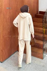 Beige Hood Neck Long Arm Cotton Regular Trousers Comfortable Suit