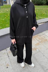 Lamelif Düğme Detaylı İkili Tesettür Takım Siyah