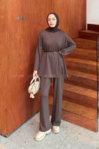 Lamelif Düğmeli İkili Takım Acı Kahve