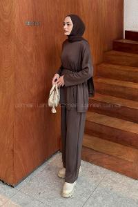 Lamelif Düğmeli İkili Takım Acı Kahve