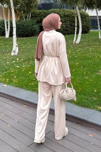 Lamelif Düğmeli İkili Takım Bej