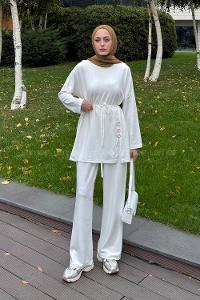 Lamelif Düğmeli İkili Takım Beyaz