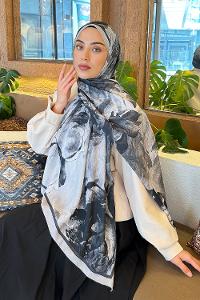 Lamelif Floral Desen Bambu Şal Gri