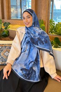 Lamelif Floral Desen Bambu Şal Lacivert