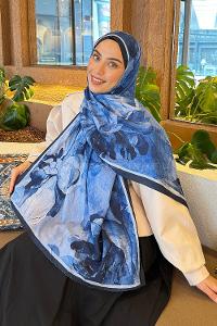 Lamelif Floral Desen Bambu Şal Lacivert