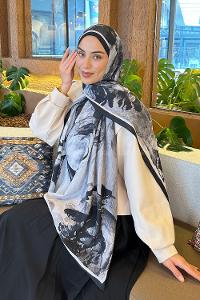 Lamelif Floral Desen Bambu Şal Siyah