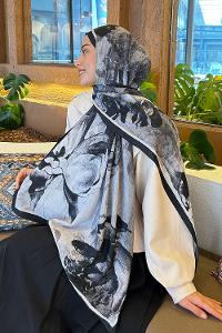 Lamelif Floral Desen Bambu Şal Siyah