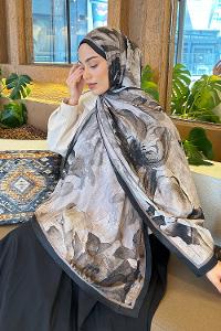 Lamelif Floral Desen Bambu Şal Siyah Vizon