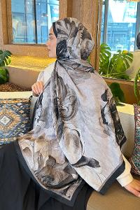 Lamelif Floral Desen Bambu Şal Siyah Vizon