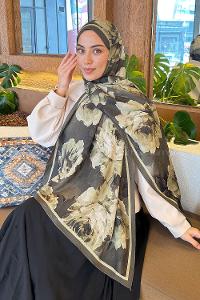 Lamelif Flower Desen Bambu Şal Koyu Yeşil