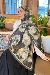 Lamelif Flower Desen Bambu Şal Koyu Yeşil