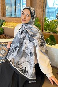 Lamelif Flower Desen Bambu Şal Siyah