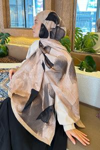 Lamelif Yaprak Desen Bambu Şal Camel