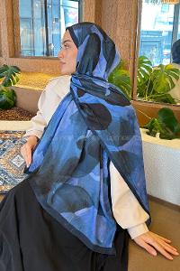 Lamelif Yaprak Desen Bambu Şal Lacivert