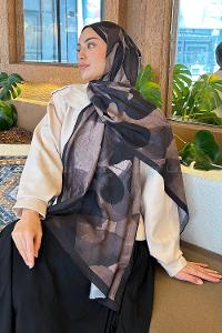 Lamelif Yaprak Desen Bambu Şal Siyah Kahverengi