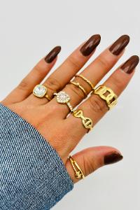 Lamelif Gold 6li Kombin Kristal Kalpli Yüzük Seti