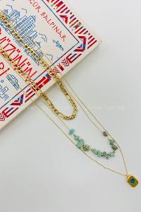 Lamelif Gold Doğal Taş 3lü Kombin Kolye Seti