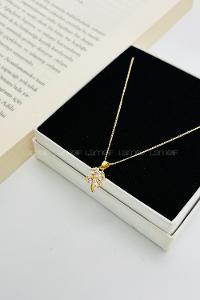 Lamelif Gold Kristal Taşlı Zirkon Şans Yoncası Kolye