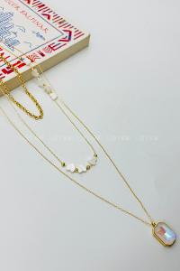 Lamelif Gold Sedef Kalp 3lü Kombin Kolye Seti