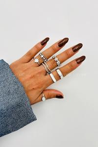 Lamelif Gümüş 7li Kombin Çiçekli Yüzük Seti