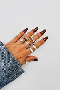 Lamelif Gümüş 7li Kombin Çiçekli Yüzük Seti