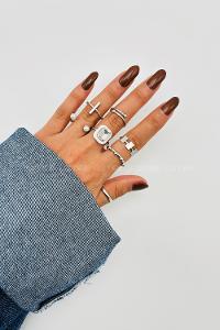 Lamelif Gümüş 7li Kombin Kristal Taşlı Yüzük Seti