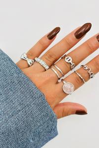 Lamelif Gümüş 8li Kombin Kurdele Yüzük Seti