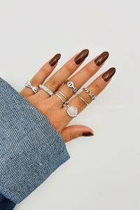 Lamelif Gümüş 8li Kombin Kurdele Yüzük Seti