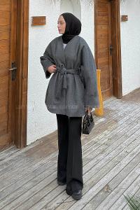 Lamelif Bağlama Detaylı Kaşe Kaban Antrasit