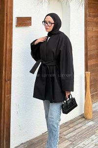 Lamelif Bağlama Detaylı Kaşe Kaban Siyah