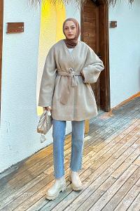 Lamelif Bağlama Detaylı Kaşe Kaban Vizonrengi