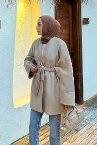Lamelif Bağlama Detaylı Kaşe Kaban Vizonrengi