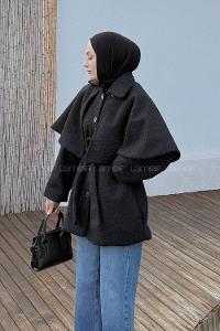 Lamelif Bağlama Detaylı Pelerinli Kaban Siyah