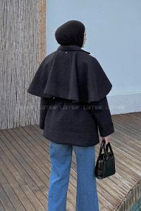 Lamelif Bağlama Detaylı Pelerinli Kaban Siyah