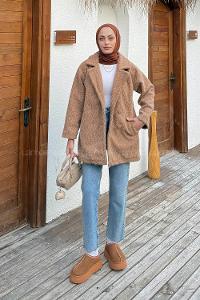 Lamelif Düğmeli Klasik Kaban Camel