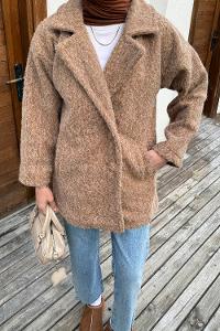 Lamelif Düğmeli Klasik Kaban Camel