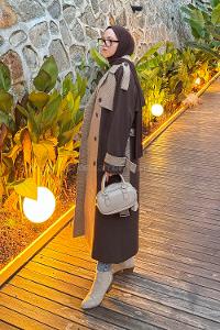 Lamelif Ekoseli Reglan Trençkot Acı Kahve