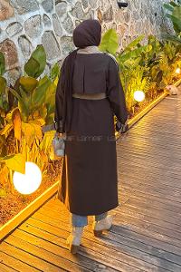 Lamelif Ekoseli Reglan Trençkot Acı Kahve