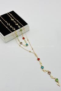 Lamelif Gold 2li Çokrenkli Kalp Y Kolye