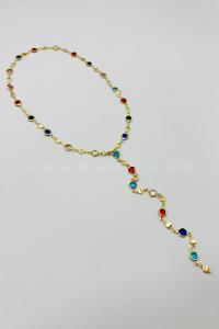 Lamelif Gold Çokrenkli Oval Taşlı Y Kolye