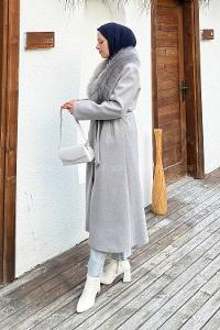 Gray Jacket Collar Long Arm Stamp Fabric Coat