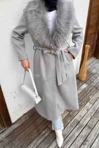 Gray Jacket Collar Long Arm Stamp Fabric Coat