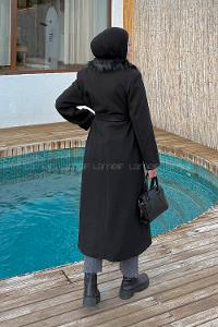 Black Jacket Collar Long Arm Stamp Fabric Coat