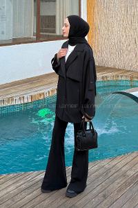 Black Long Arm Viscose Fabric Elastan Polyester Trench Coat