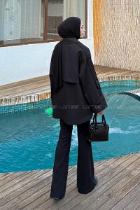 Black Long Arm Viscose Fabric Elastan Polyester Trench Coat