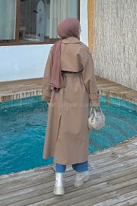 Lamelif Omuz Apoletli Premium Trençkot Camel