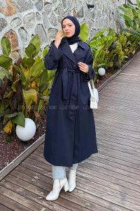 Navy Blue Long Arm Polyester Trench Coat