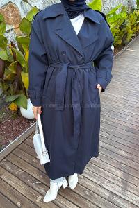 Navy Blue Long Arm Polyester Trench Coat