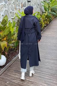 Navy Blue Long Arm Polyester Trench Coat