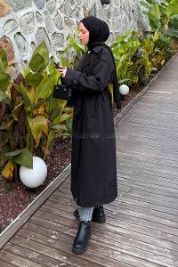 Black Long Arm Polyester Trench Coat